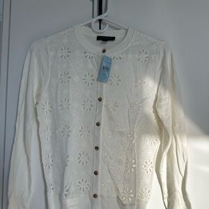 Ann Taylor White Eyelet Cardigan Sweater